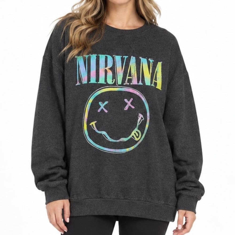 Nirvana NWT Charcoal Gray Rainbow Smiley Graphic Crewneck Sweatshirt Women's XL